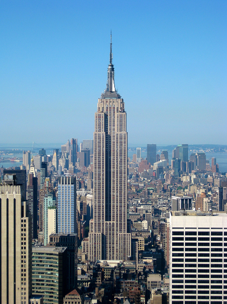 The Empire State Building is a 102-story landmark Art Deco skyscraper in New York City at the intersection of Fifth Avenue and West 34th Street. Its name is derived from the nickname for the state of New York, The Empire State. It stood as the world's tallest building for more than forty years, from its completion in 1931 until construction of the World Trade Center's North Tower was completed in 1972. Following the destruction of the World Trade Center in 2001, the Empire State Building once again became the tallest building in New York City and New York State.