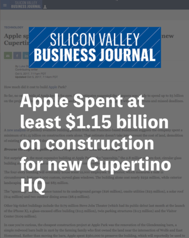 Silicon Valley Business Journal Apple spent at least $1.15 billion on construction for new Cupertino HQ, building permits show